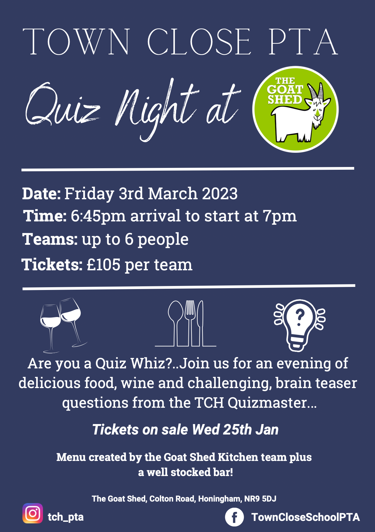 Quiz night at The Goat Shed: March 3rd, 2023. Teams up to 6. Tickets £106. Food, wine, & quiz questions.