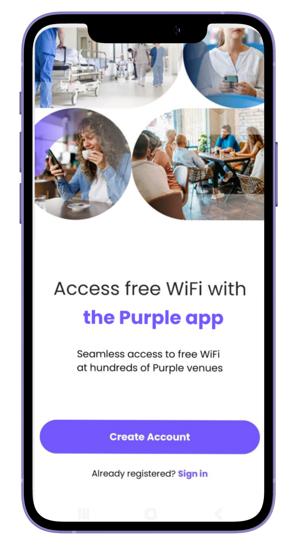 Mobile app screen: Call to action to create a Purple account to access free WiFi with the Purple app. 