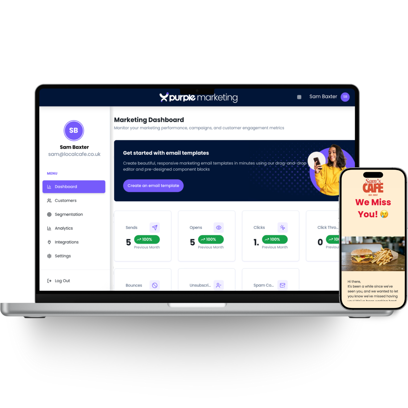 Image of a pub displaying sports on TV and table, with a quote around the ease of the Purple Hub.