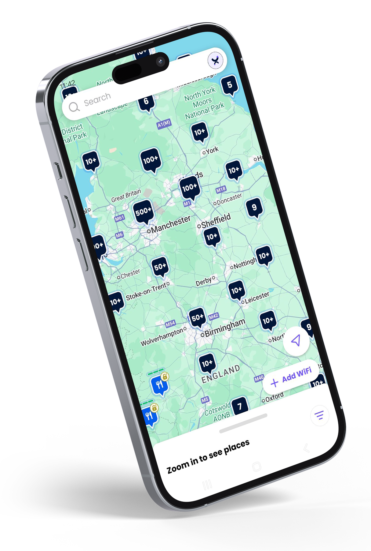 Smartphone displaying a map with numerous location markers, likely for a navigation app.