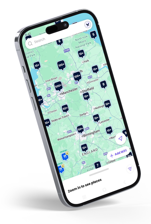 Smartphone displaying a map with numerous location markers, likely for a navigation app.