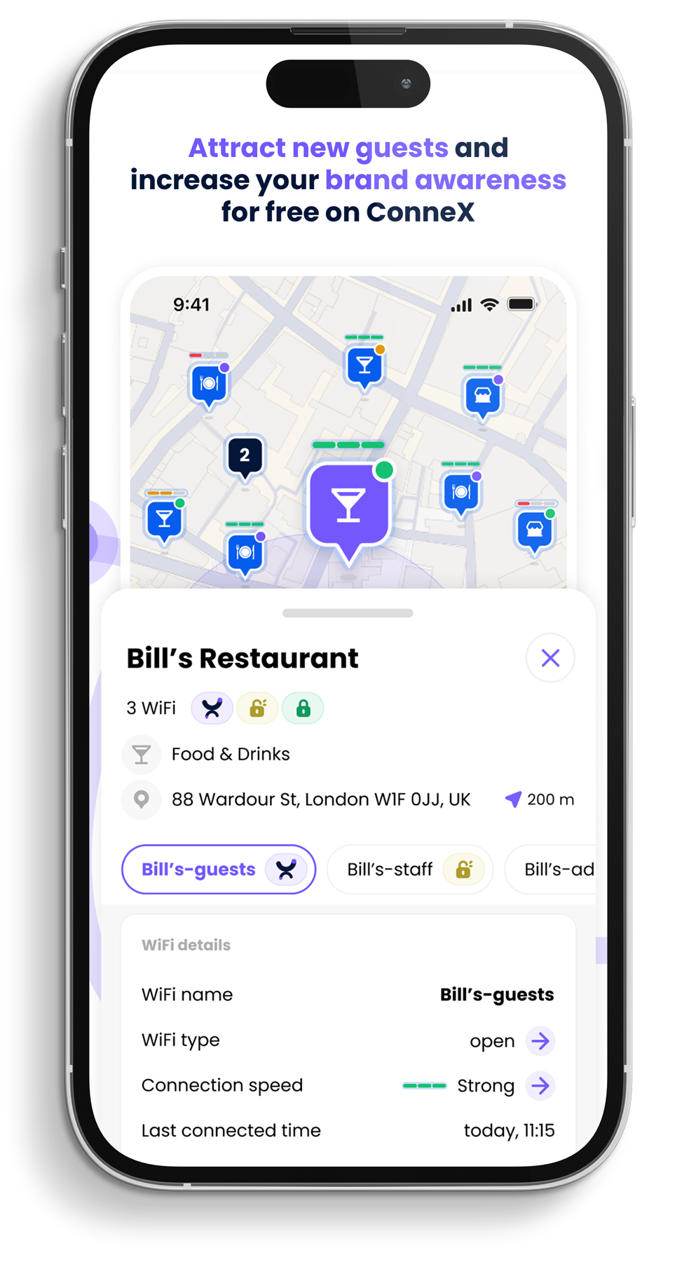 Mobile app screen: Map with location pins, restaurant info (Bill's Restaurant), and call to action to attract new guests.