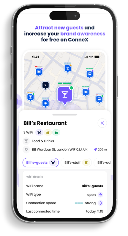 Mobile app screen: Map with location pins, restaurant info (Bill's Restaurant), and call to action to attract new guests.