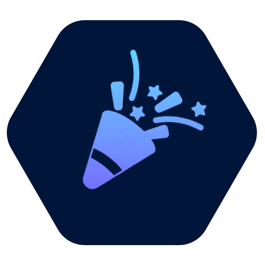 Party popper erupting stars, gradient blue and white, dark blue hexagon background.