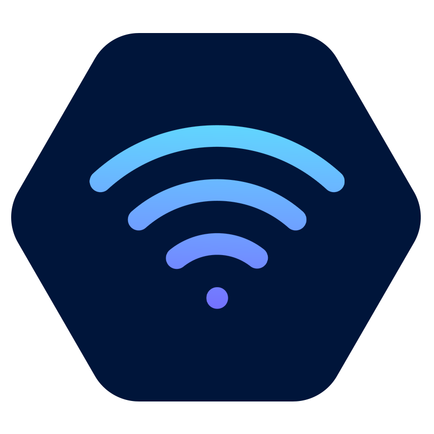 Wi-Fi signal icon inside a dark blue hexagon with blue gradient signal waves.