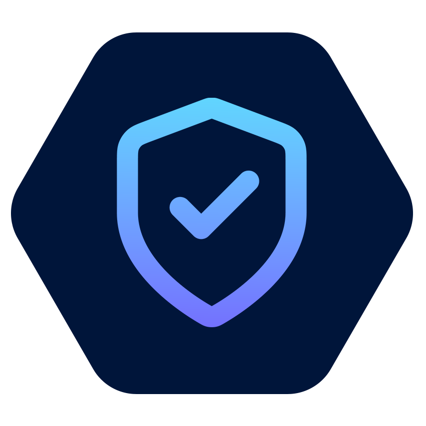Blue shield with a checkmark inside a hexagon.