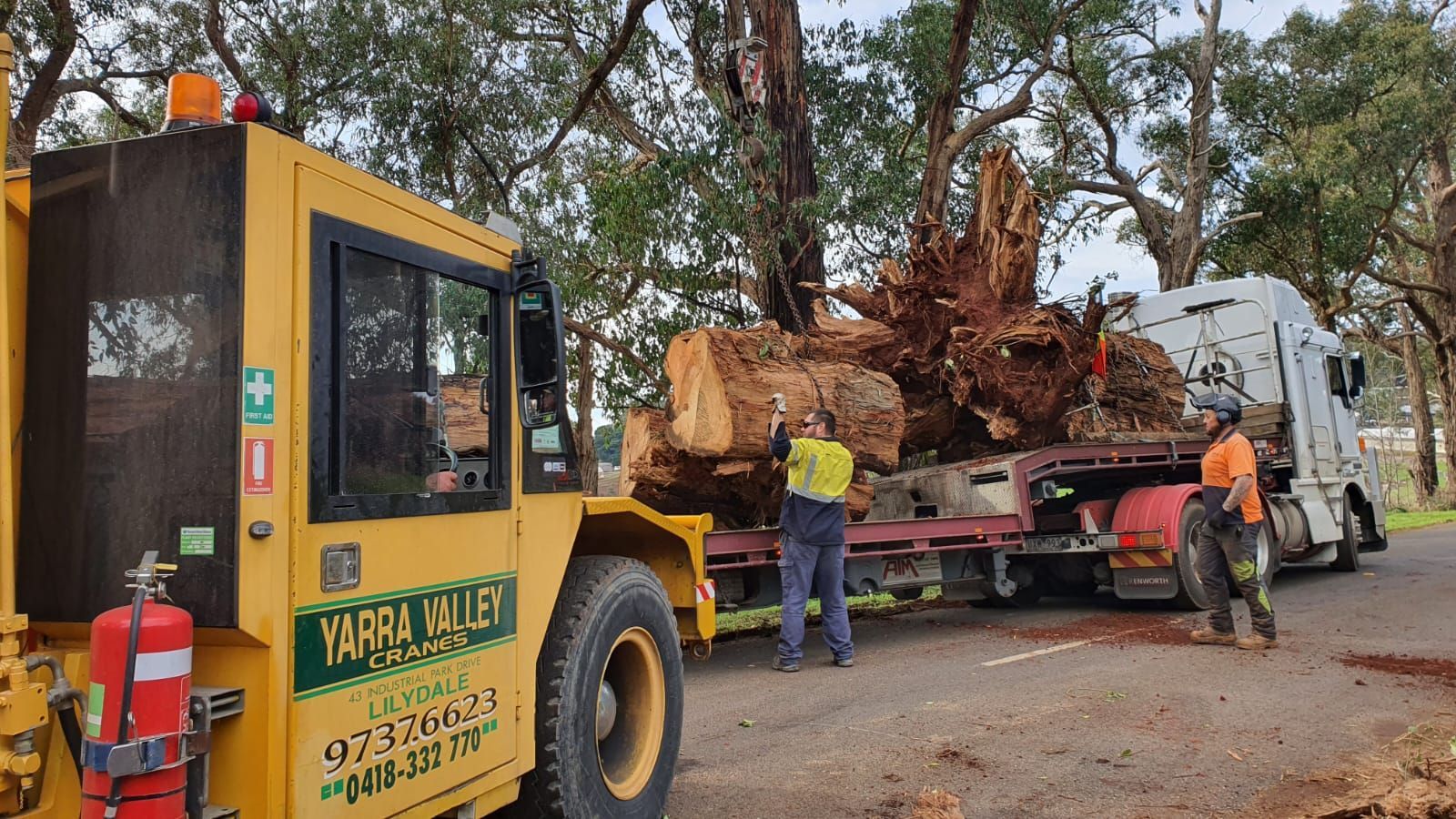 A yellow truck is carrying a large log on a trailer.