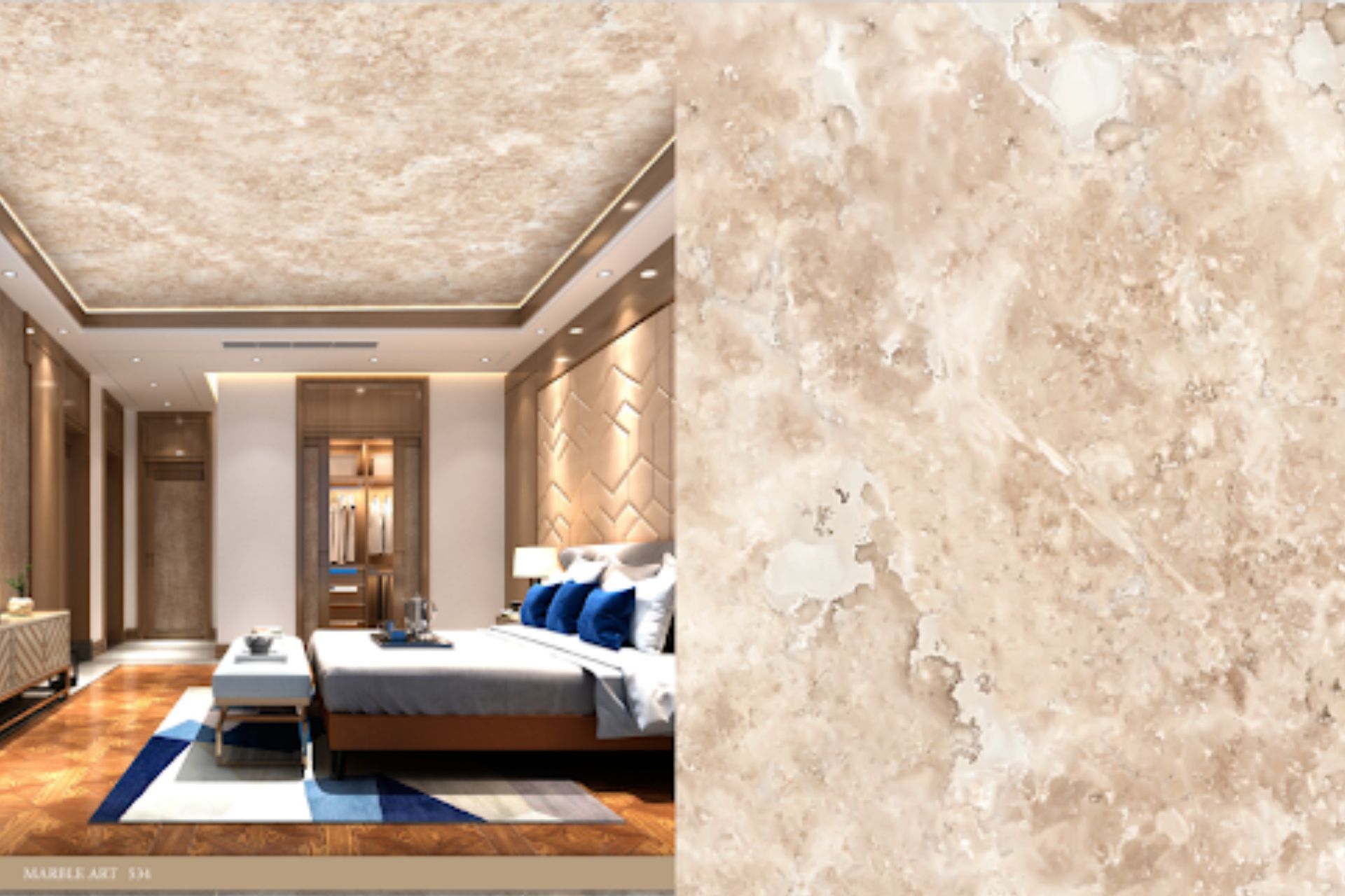 A bedroom with a large bed and a marble ceiling.