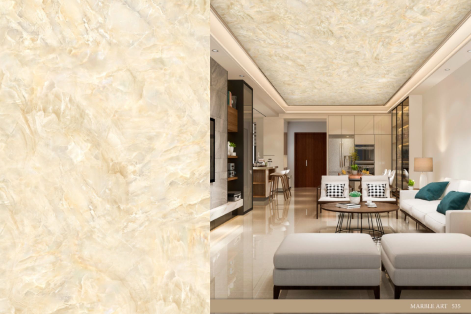 A living room with a marble ceiling and a marble floor.