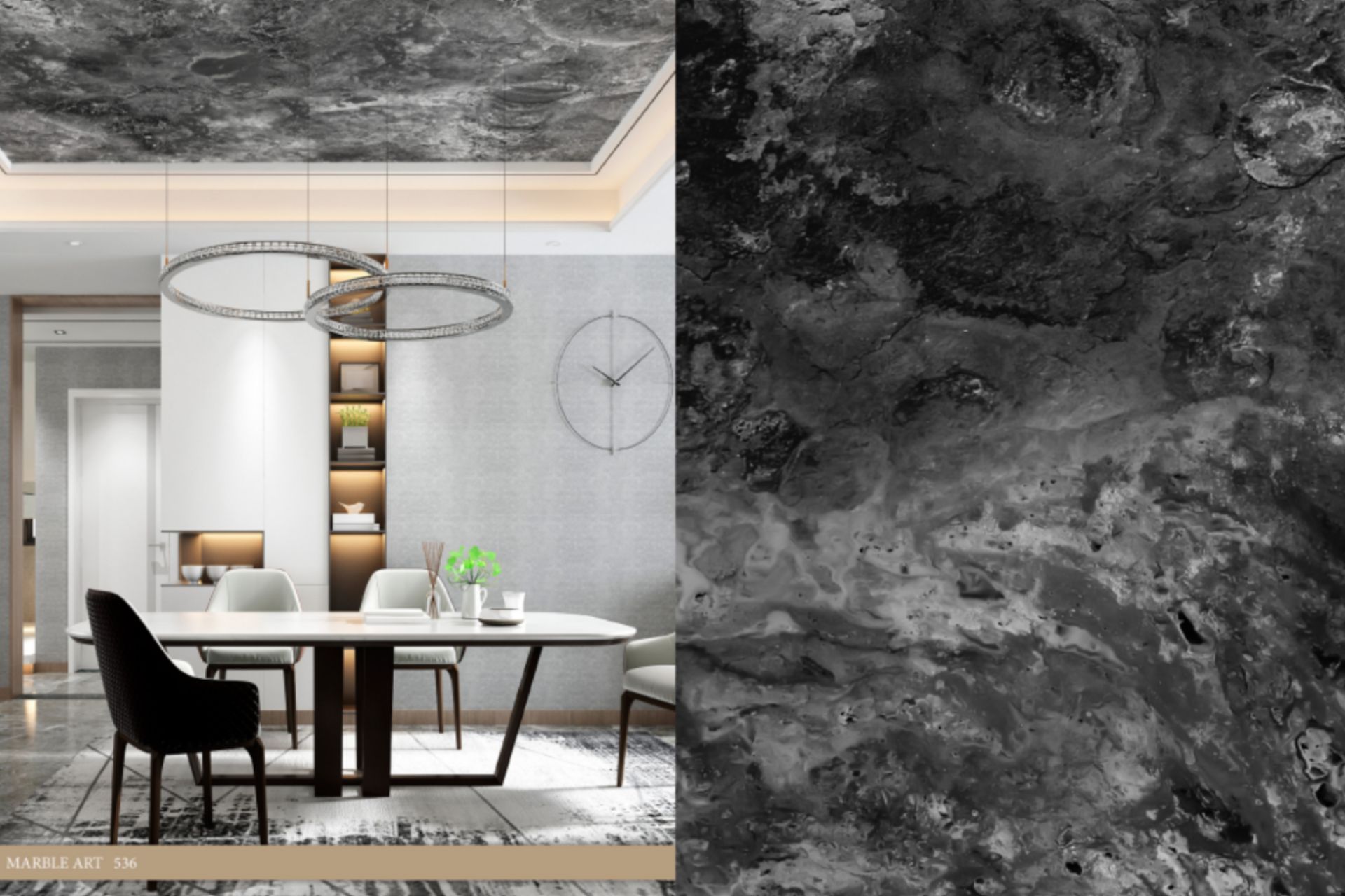 A dining room with a table and chairs and a clock on the wall.