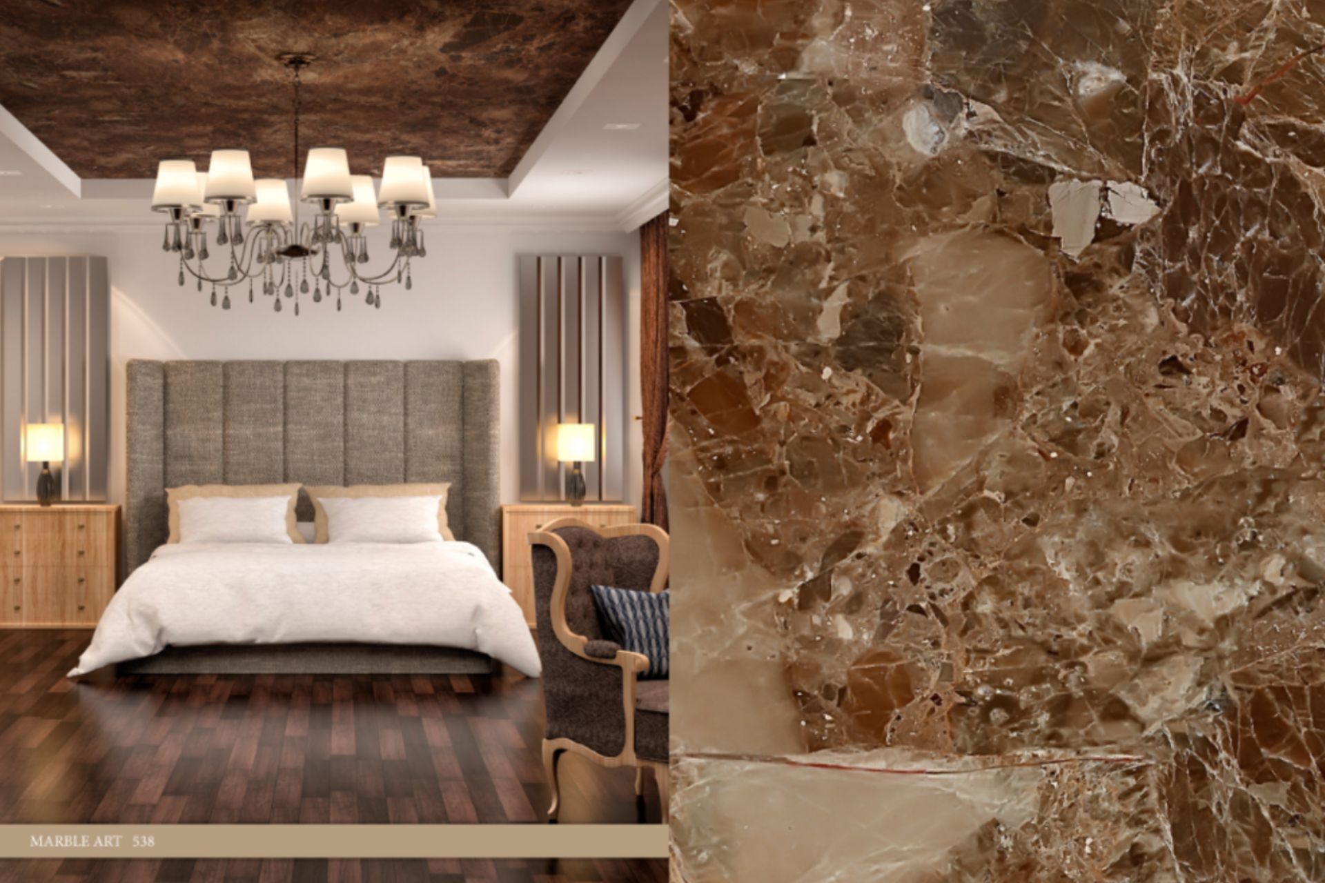 A bedroom with a large bed and a chandelier.