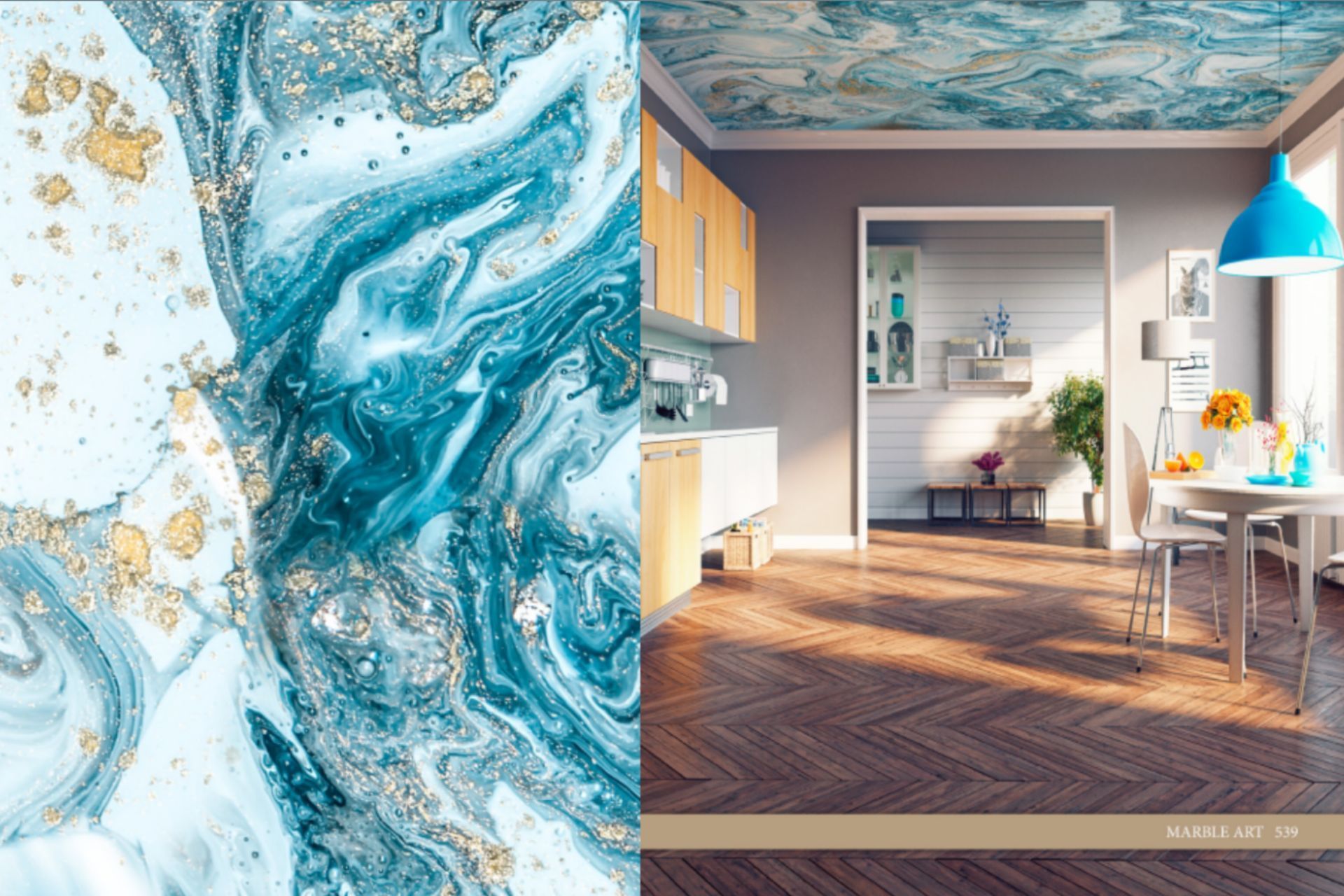 A kitchen with a marble ceiling and a dining room with a marble ceiling.