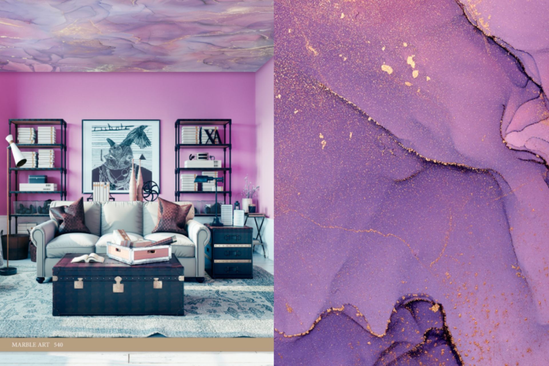 A living room with pink walls and a purple ceiling.
