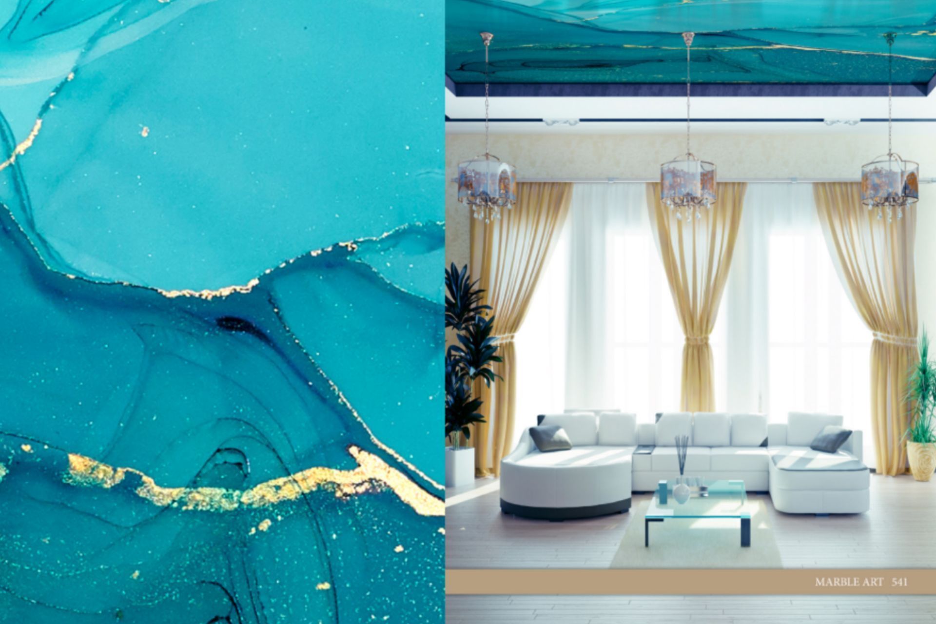 A living room with a blue and gold marble ceiling