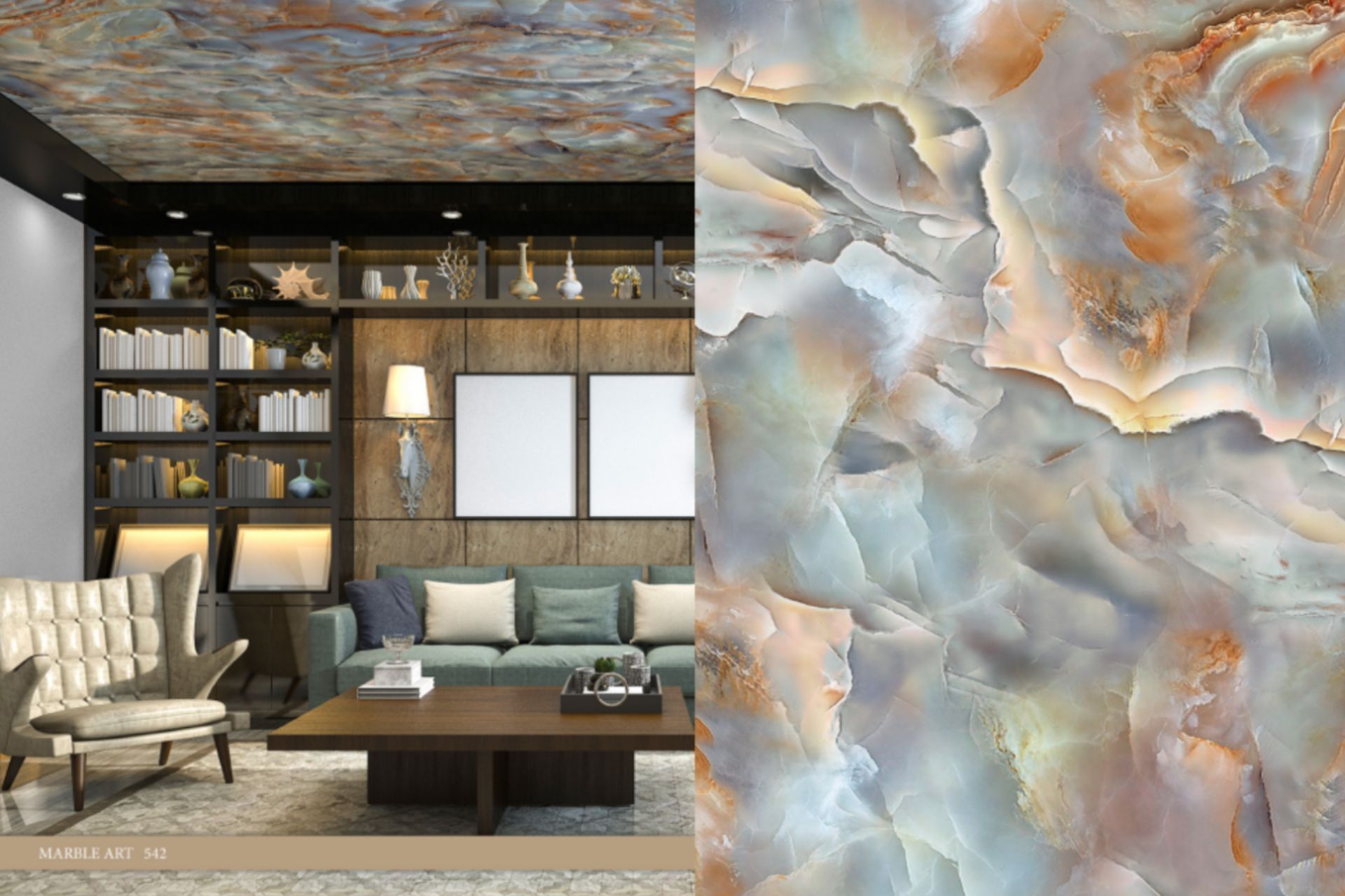 A living room with a couch , table , chairs and a marble ceiling.