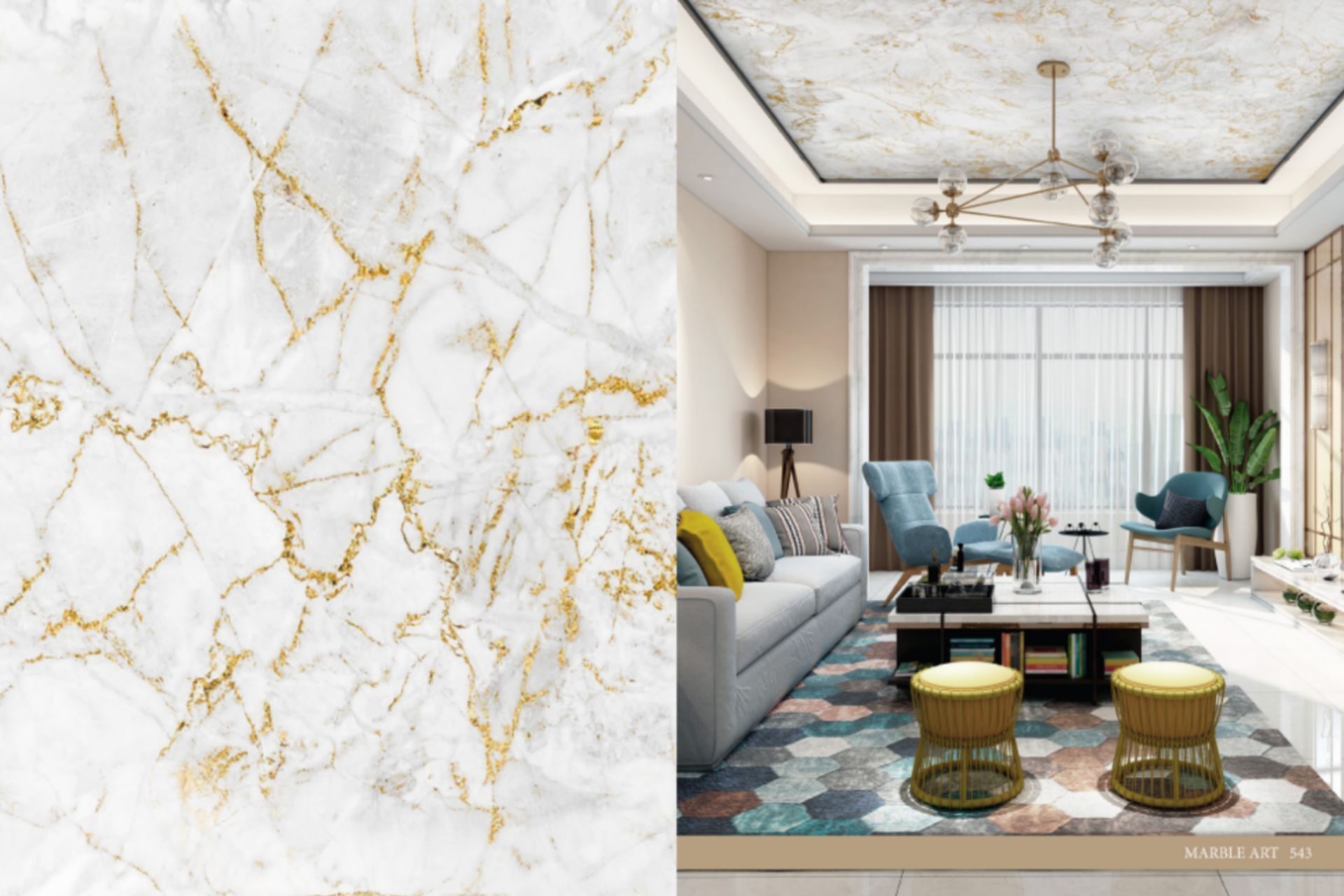 There is a picture of a living room with a marble ceiling.