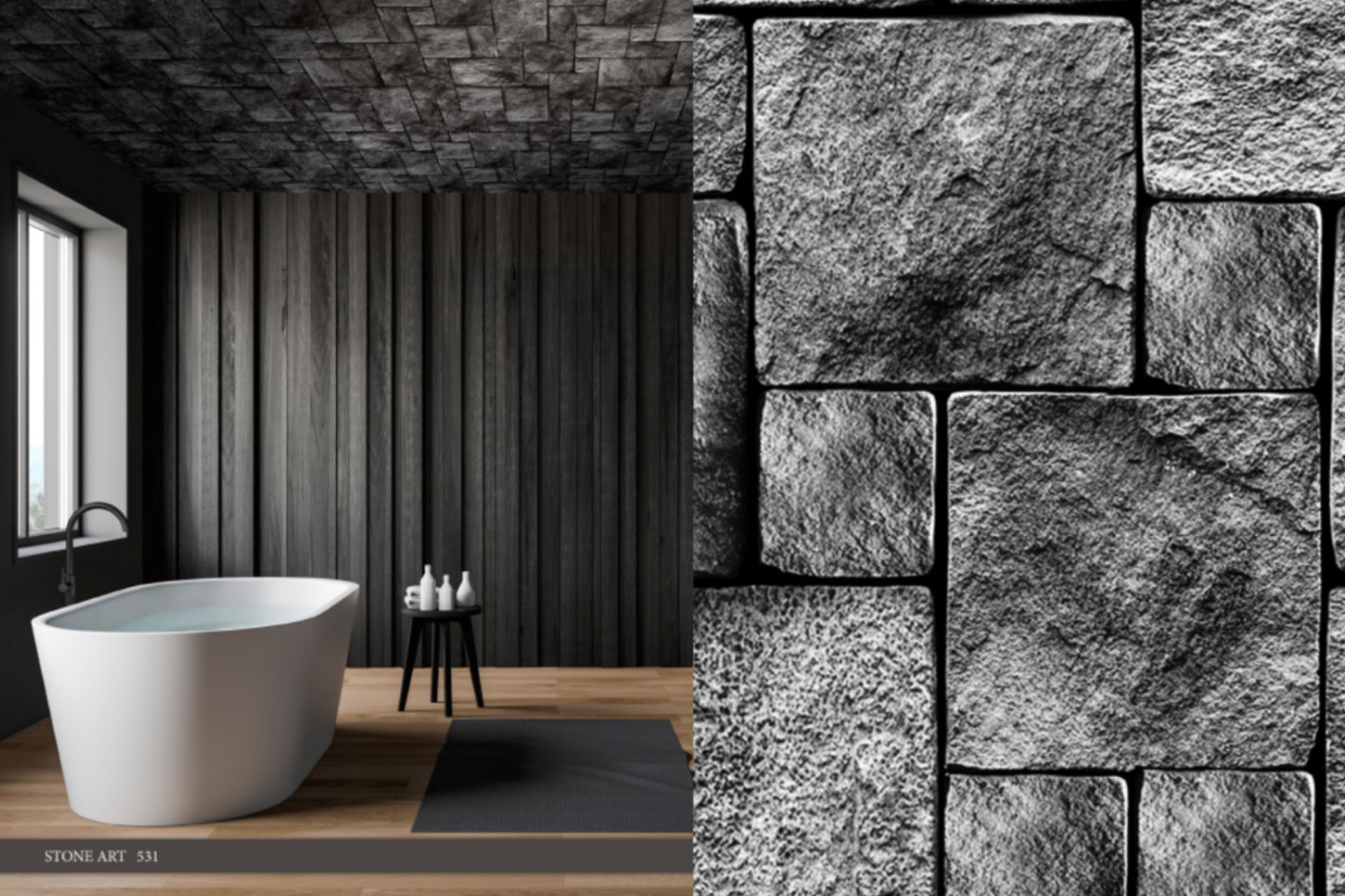 A bathroom with a bathtub and a brick wall.