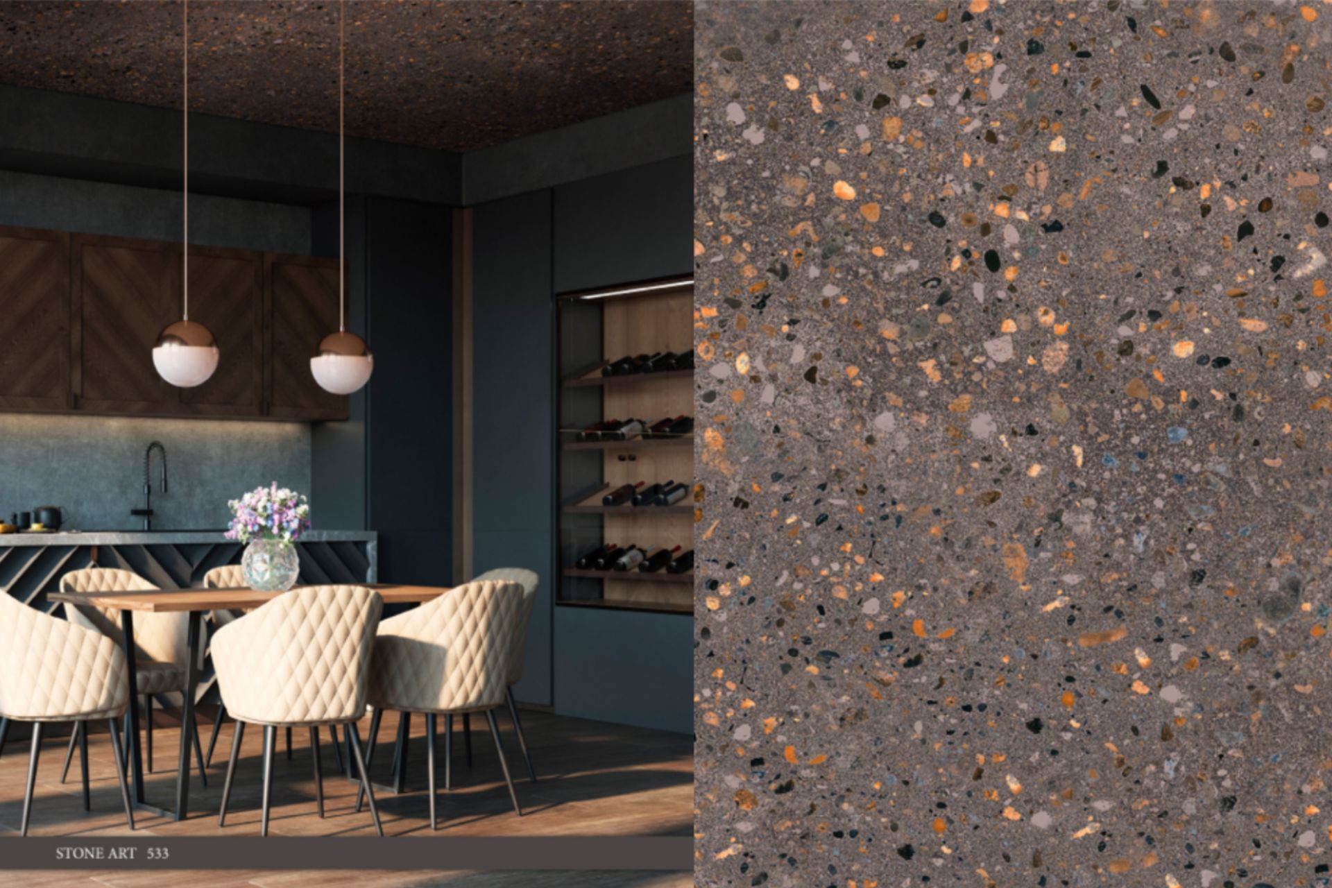 A kitchen with a table and chairs and a terrazzo counter top.