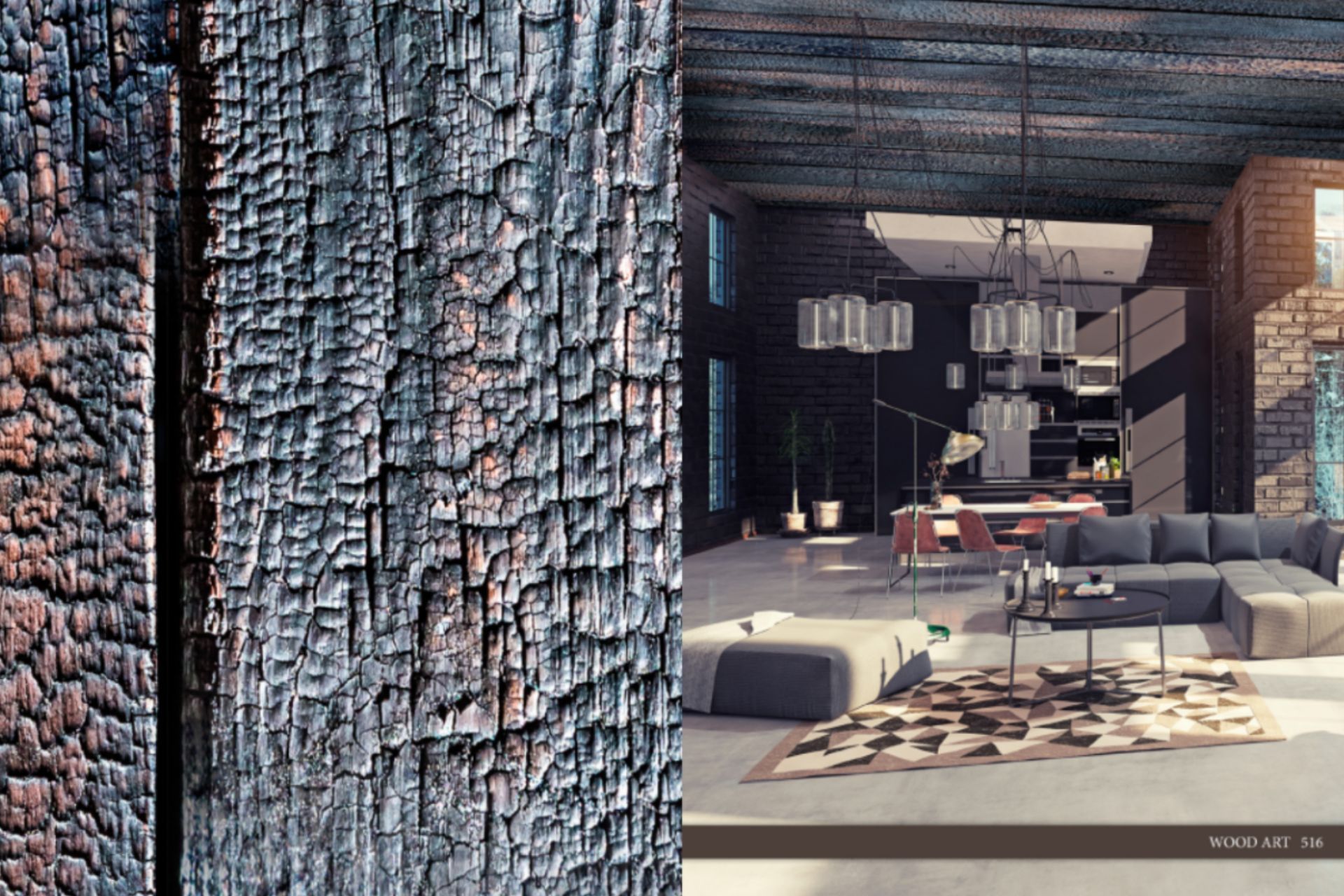 A picture of a living room next to a picture of a wooden wall