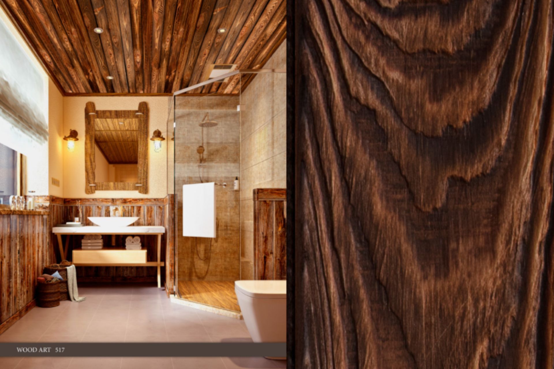 A bathroom with wooden walls and a wooden ceiling.