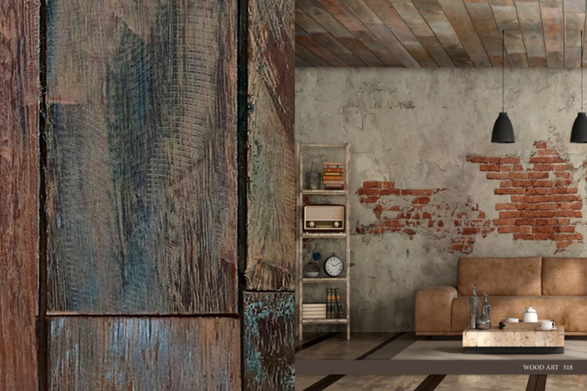 A living room with a brick wall and a wooden door.