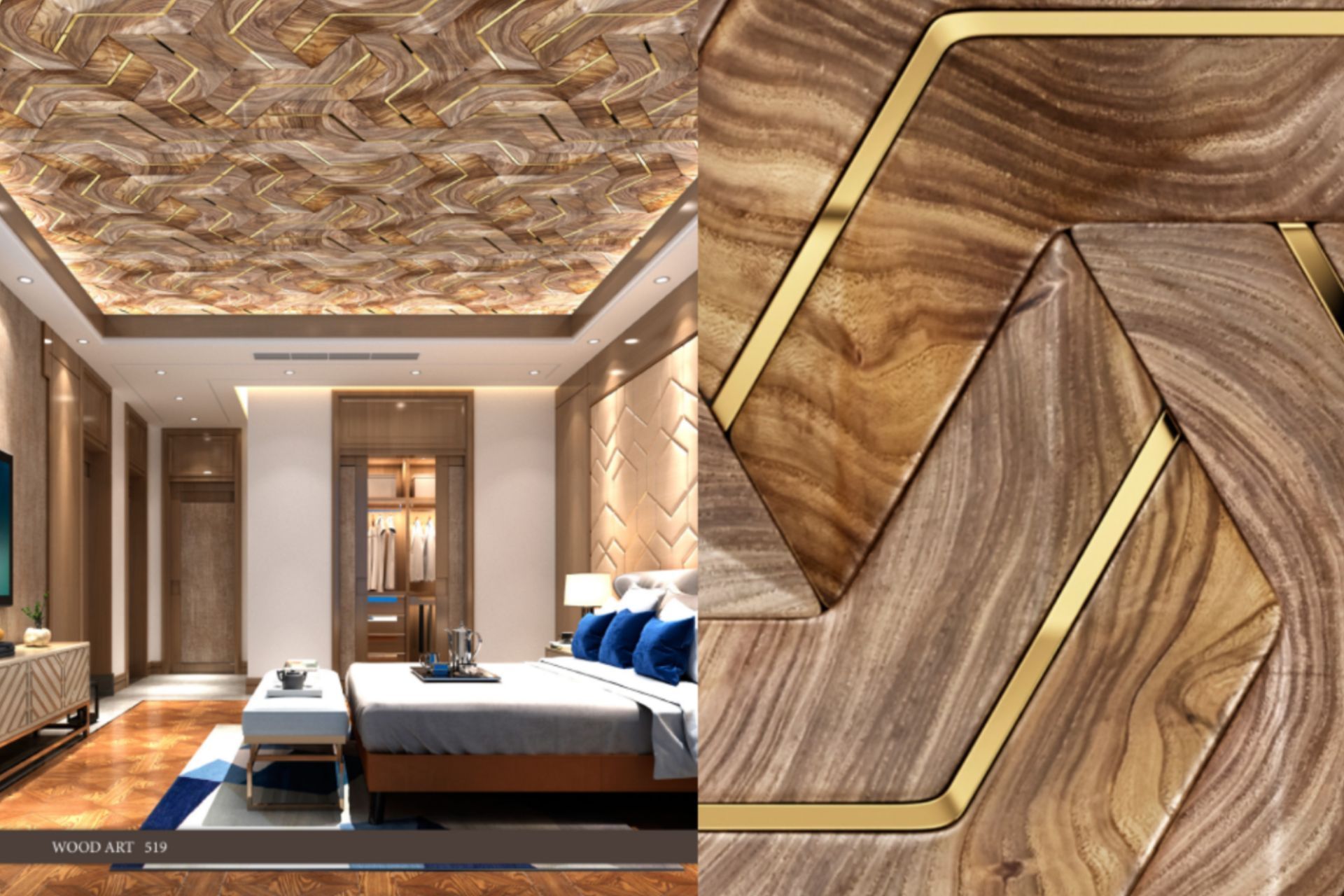 A bedroom with a wooden ceiling and a wooden floor.