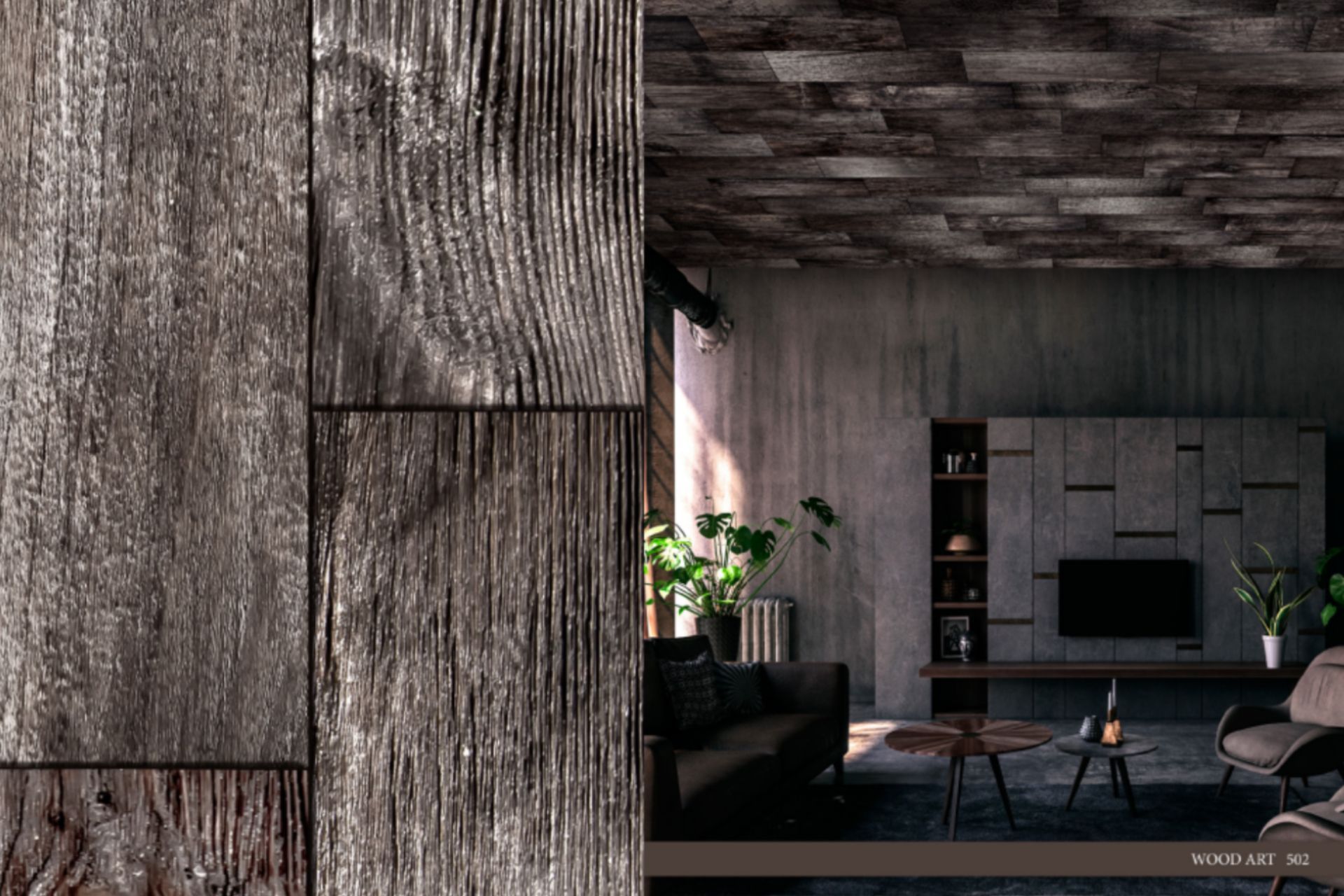 A living room with a wooden floor and a wooden wall.