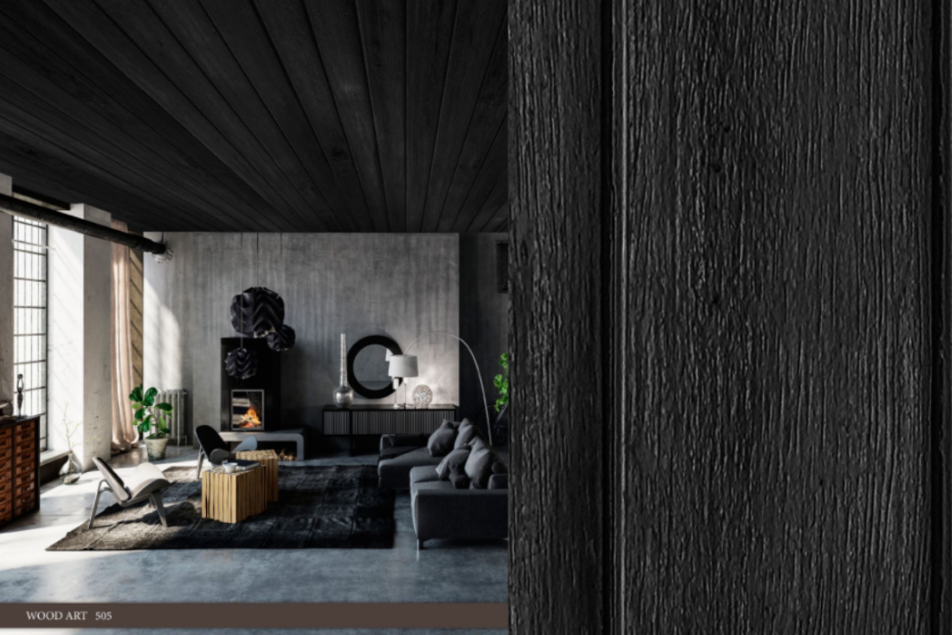 A living room with black furniture and a black ceiling.