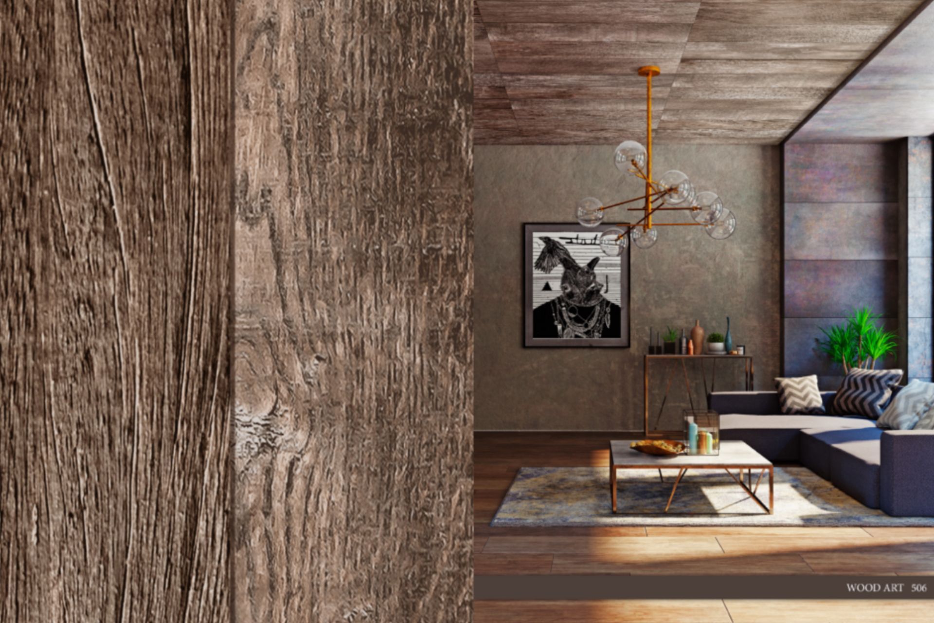 A living room with a couch , coffee table , and a picture on the wall.