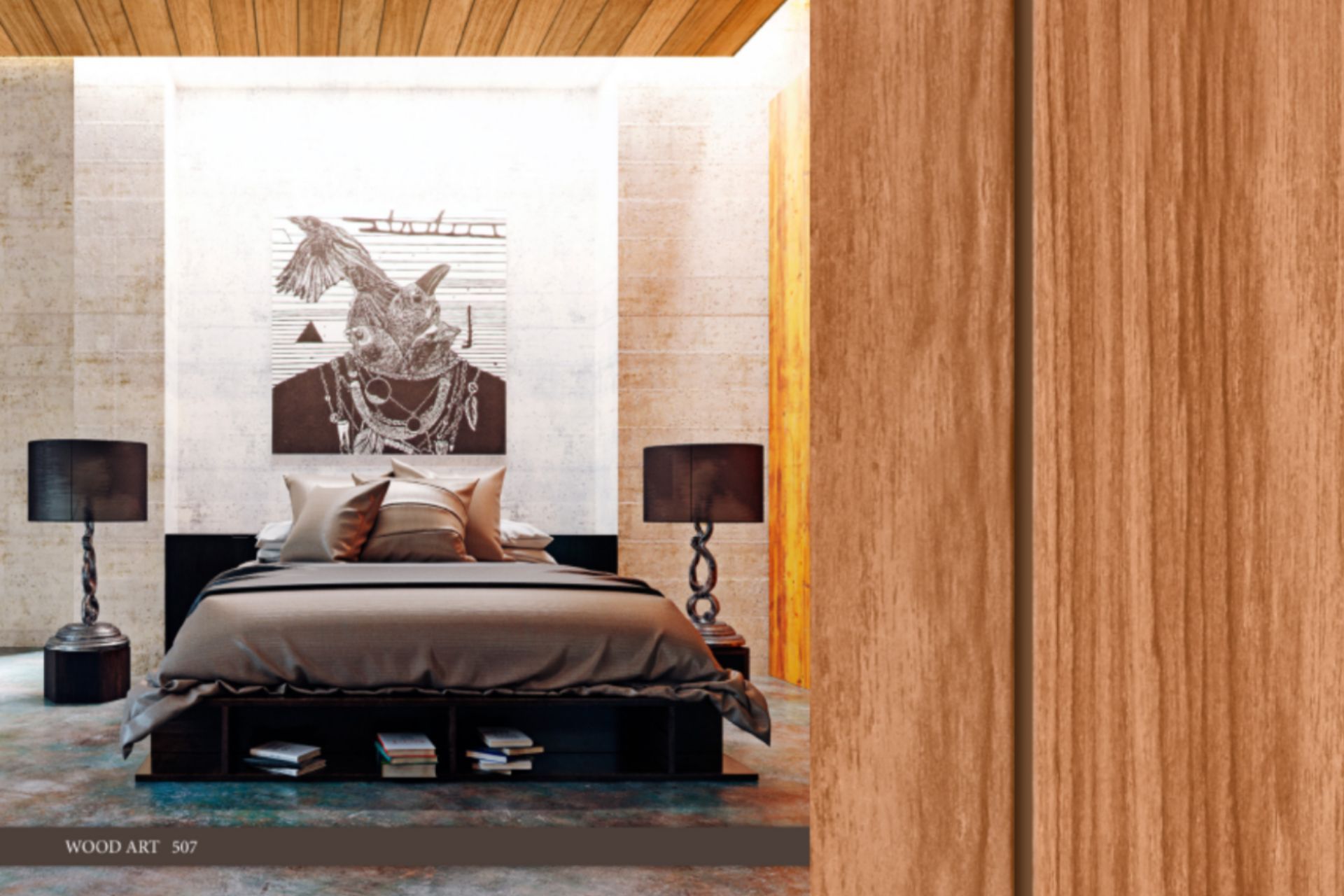 A bedroom with a bed , lamps and a painting on the wall.