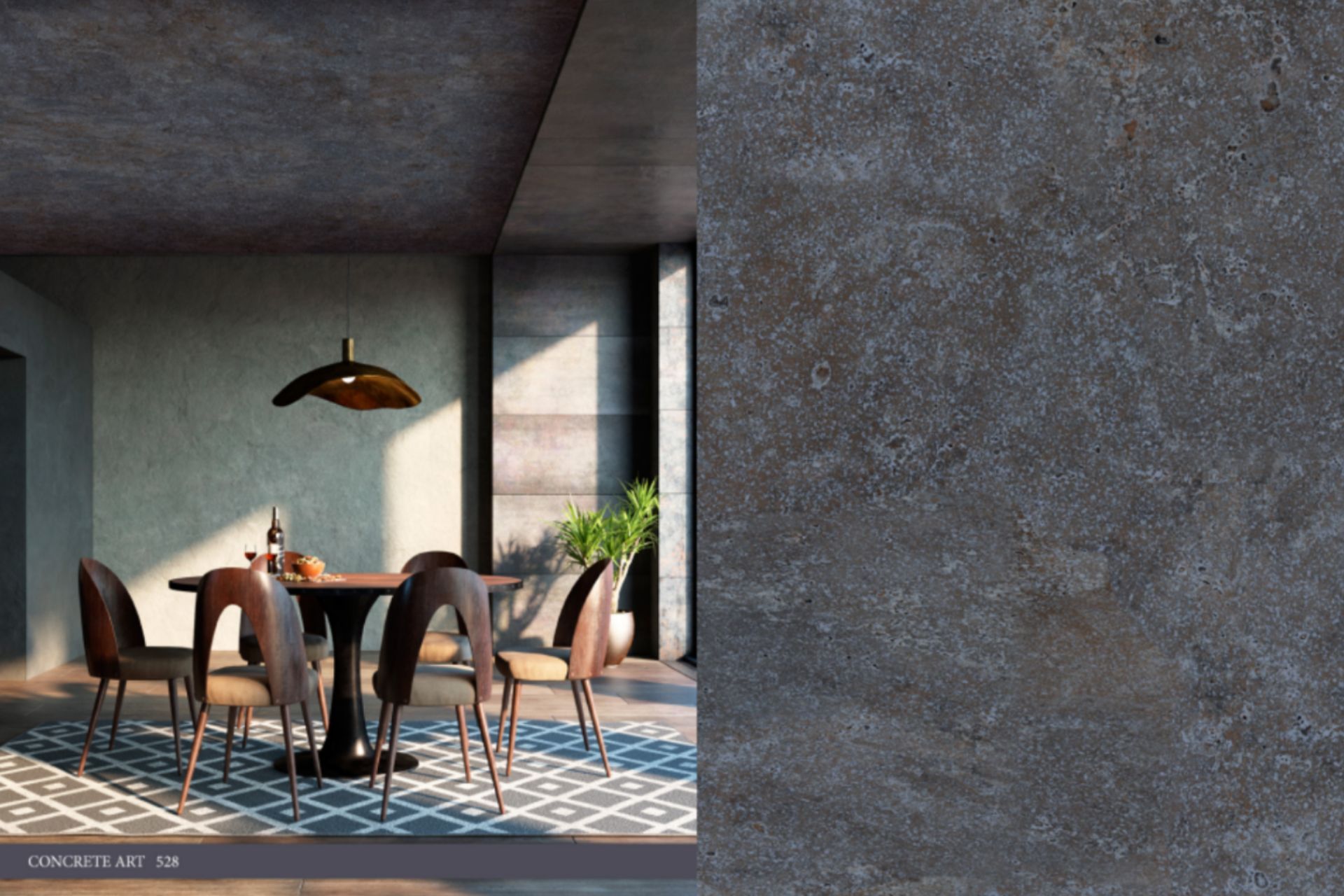 A dining room with a table and chairs next to a concrete wall