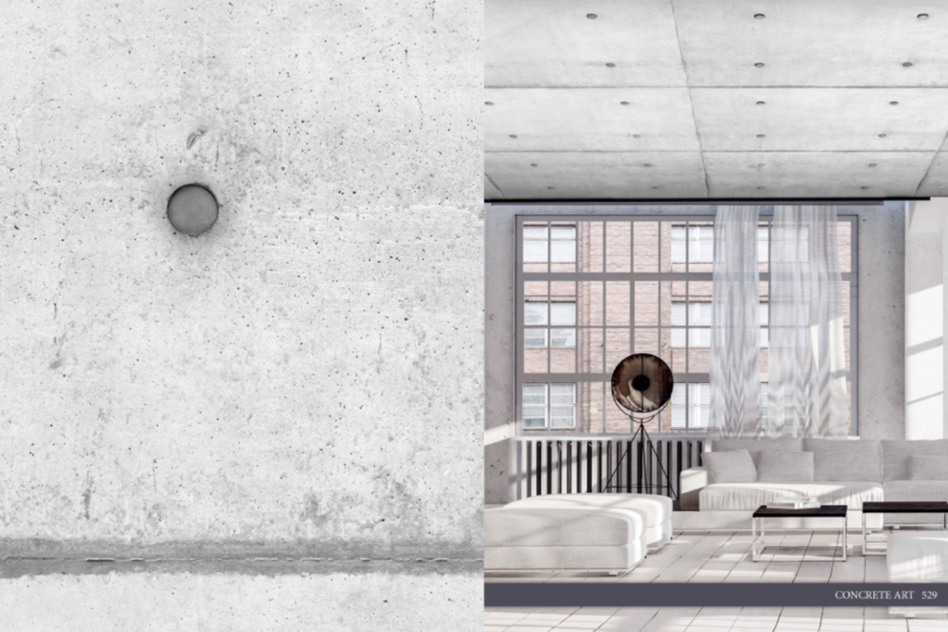 A picture of a concrete wall next to a picture of a living room.