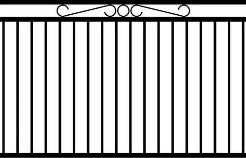 A black and white drawing of a wrought iron fence on a white background.