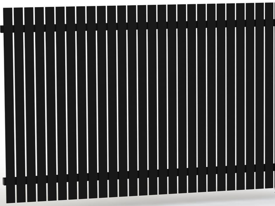 A black fence with white stripes on a white background.