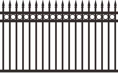 A black and white wrought iron fence with spikes on a white background.