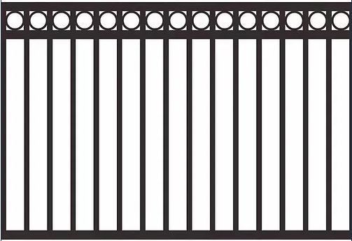 A black and white drawing of a wrought iron fence on a white background.