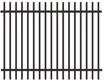 A black and white drawing of a metal fence on a white background.