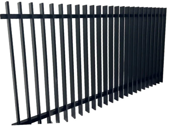 A black metal fence on a white background.