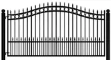 A black wrought iron gate with a curved top on a white background.
