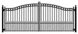 A black and white drawing of a wrought iron gate on a white background.