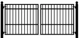 A black and white drawing of a wrought iron gate on a white background.