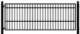 A black and white drawing of a metal fence with a gate.