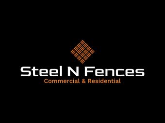 A logo for steel n fences commercial and residential on a black background.