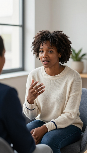 Woman in a cream sweater talking to counselor on a couch in a bright room, gesturing during therapy session.
