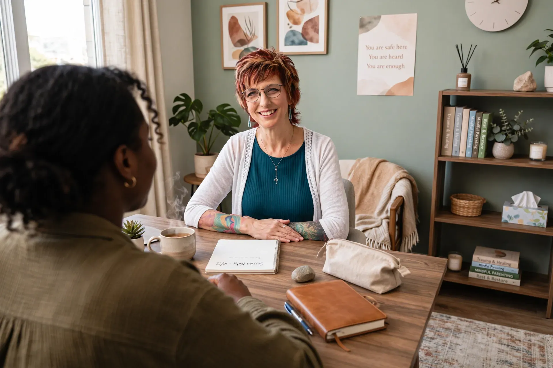 Counselor talking with woman at a desk in a cozy Chesapeake office, with papers, plants, and books on shelves.