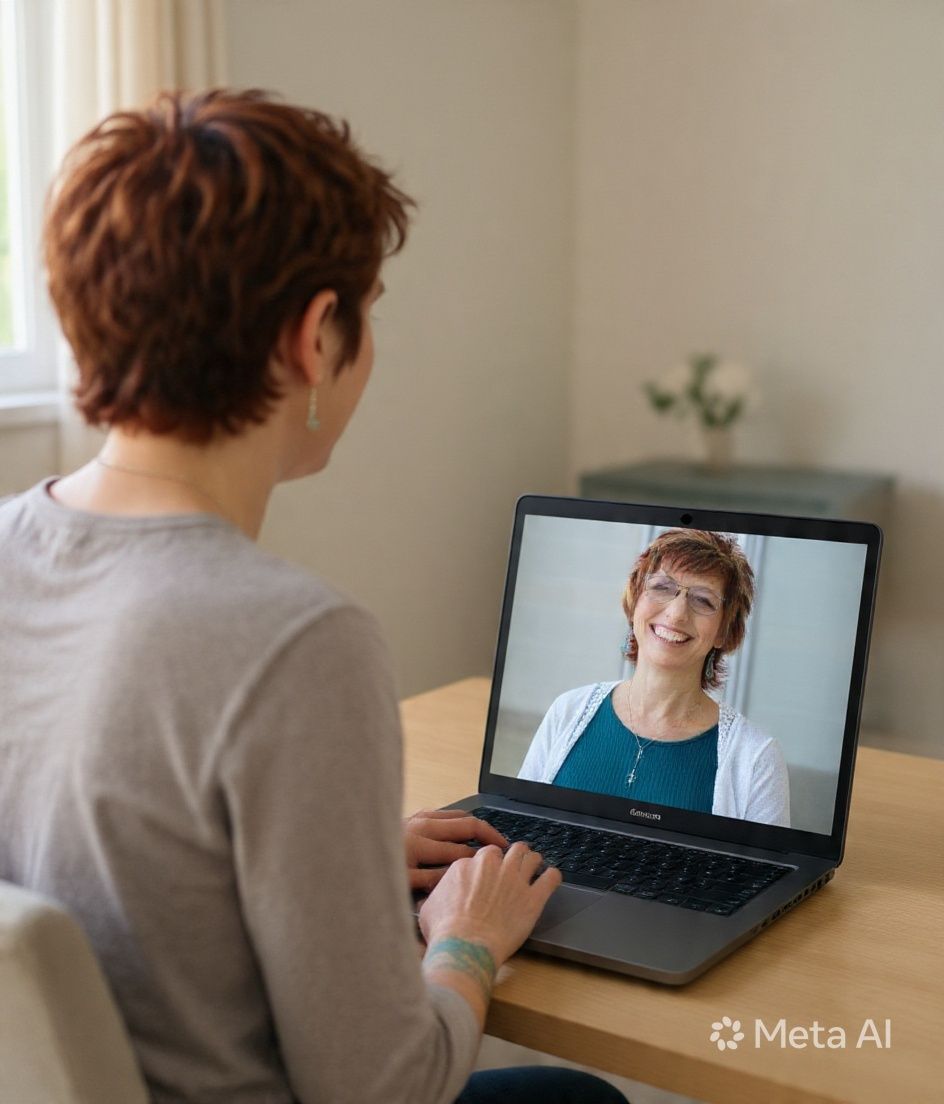 Person on a laptop perinatal therapy call in with a smiling woman in Chesapeake, seated at a table in a home setting.