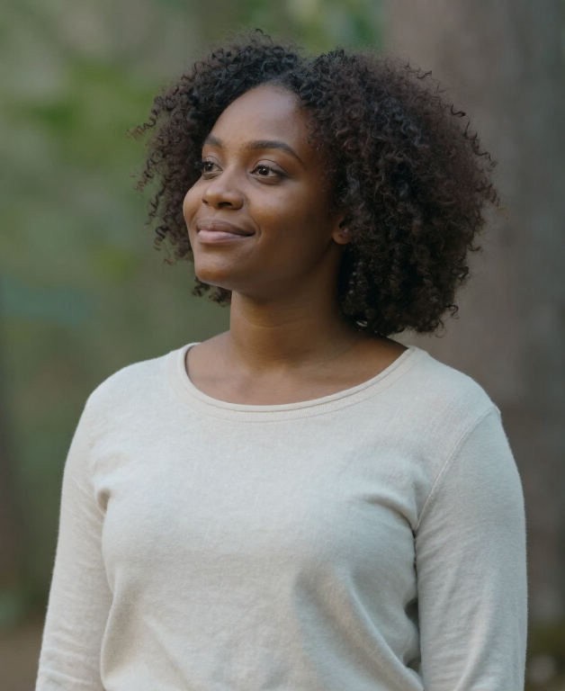 Woman in a light gray sweater standing outdoors, looking off to the side with a slight smile after going to trauma therapy.