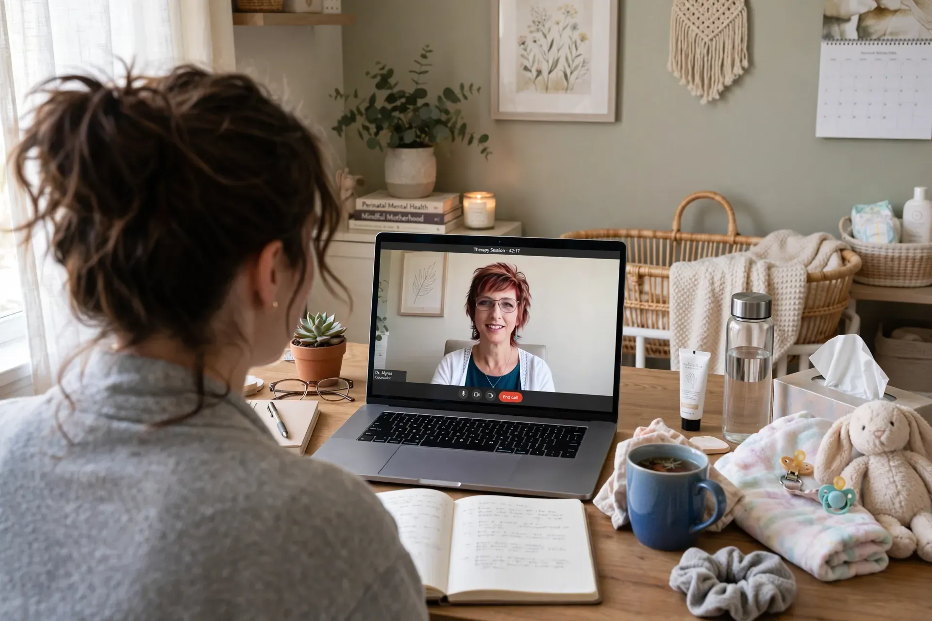 Person talking to counselor about birth trauma with notebook, tea, and postpartum in a cozy Virginia home