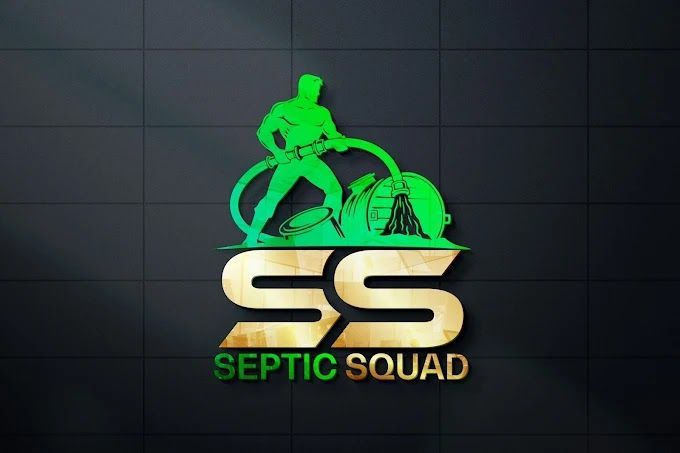 Green figure with hose over gold "SS" and "Septic Squad" on dark background.