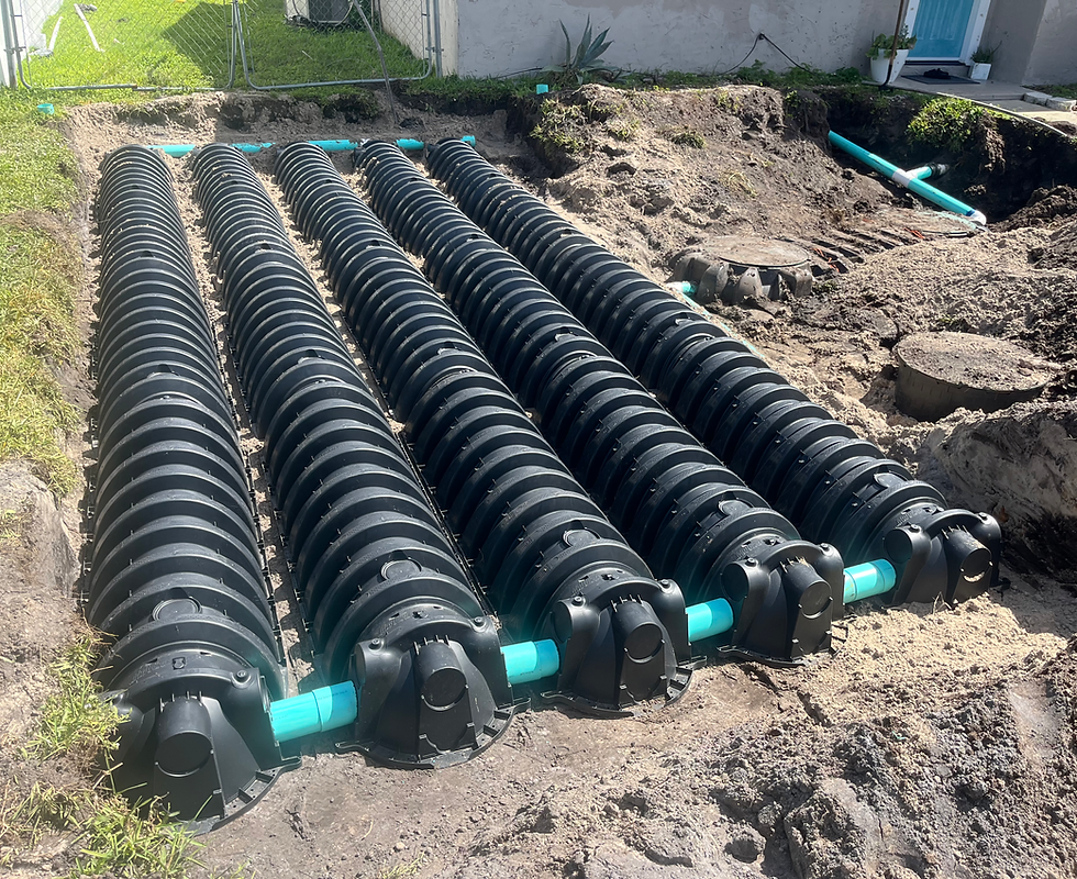 Black plastic septic tank components installed in a trench, connected by blue pipes, outdoors.